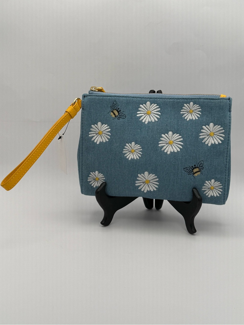 NWT Talbots Denim Floral Embroidered Clutch w/Daisies & Bees Blue & Yellow
